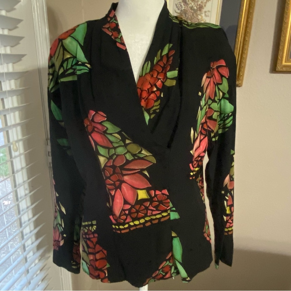 Componix Brander Women's Size 6 Black Floral Blouse Stained Glass Design VTG USA